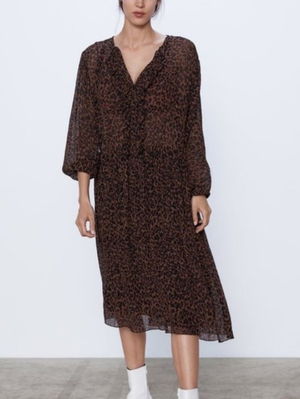 Zara Brown and Black Leopard Print Midi Dress